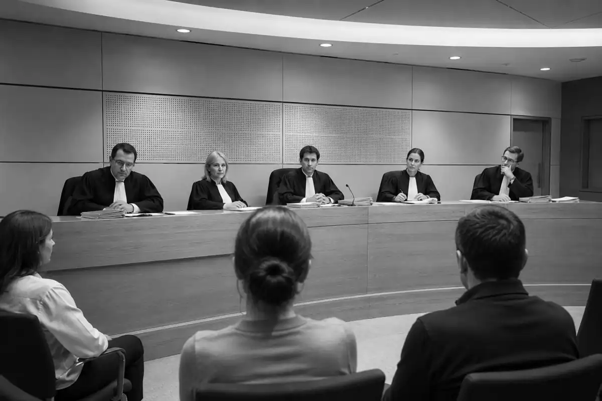 Conseil de prud'hommes en audience face à des salariés lors d'un litige de travail