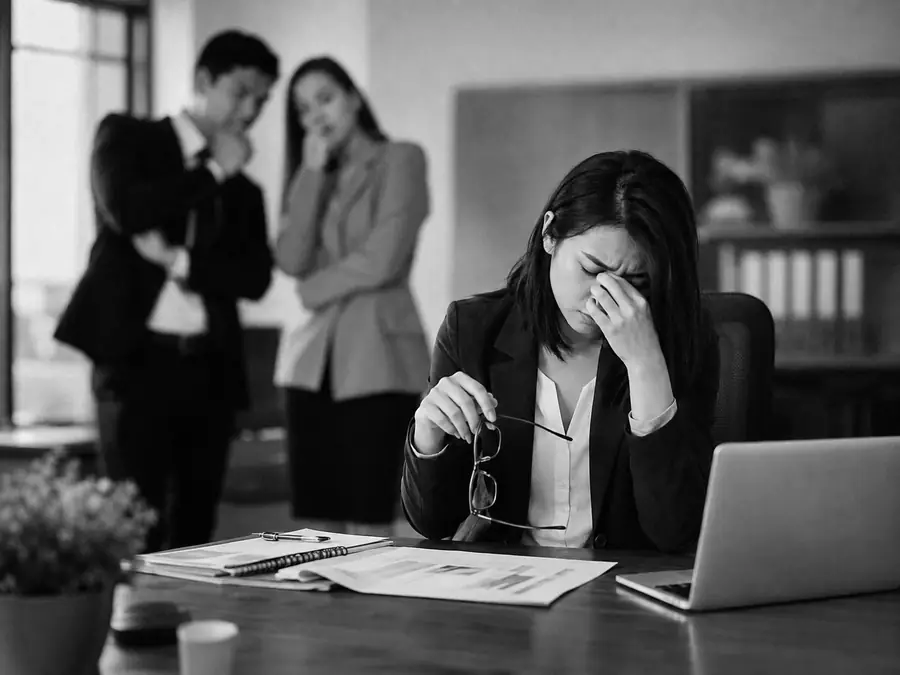 Salariée épuisée à son bureau tandis que des collègues discutent derrière elle