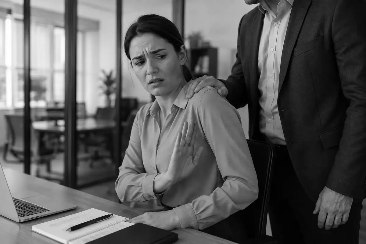 Salariée repoussant un contact physique non désiré sur son épaule au bureau