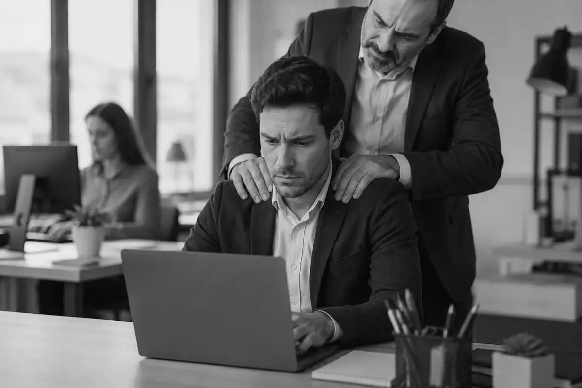 Responsable massant les épaules d'un salarié assis devant son ordinateur, illustrant un geste déplacé au travail