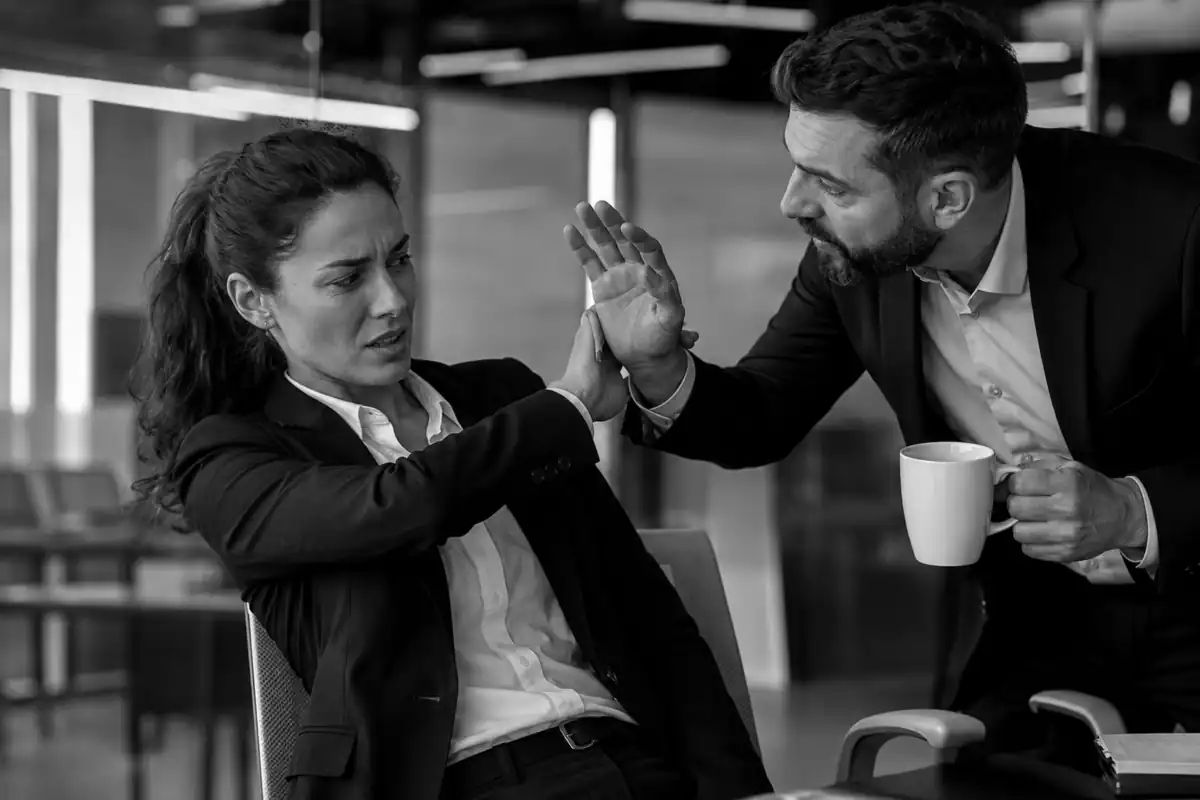 Salariée repoussant le geste insistant d'un collègue au bureau, illustration d'un contact non désiré