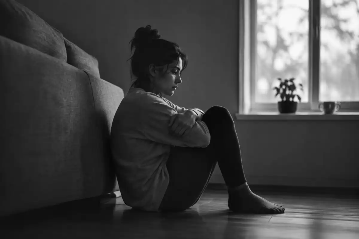 Femme assise au sol, isolée et en souffrance psychologique après des difficultés au travail
