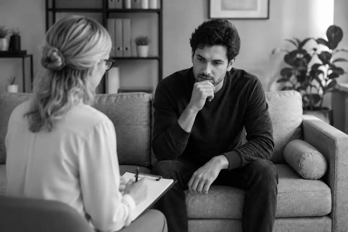 Homme préoccupé lors d'un entretien de soutien psychologique après des difficultés professionnelles