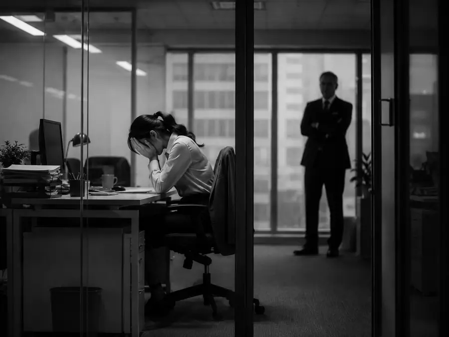 Salariée en détresse dans un bureau sous le regard distant d'un responsable